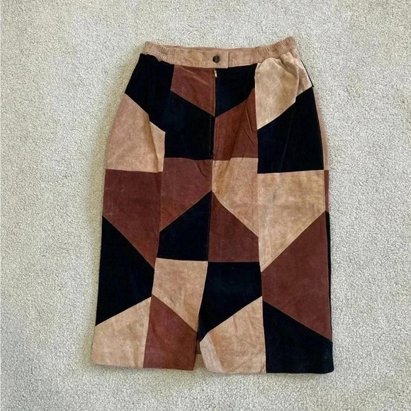 Vintage Margaret godfrey 100% leather brown block georgine patchwork midi skirt - Picture 1 of 5